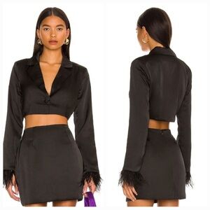 More To Come Black Cropped Blazer with Feather Detail